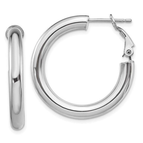 14k White Gold 4x20mm Polished Round Omega Back Hoop Earrings - Picture 1 of 4